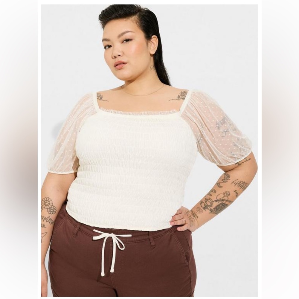 Torrid Dot Mesh Square Neck Smocked Crop Top Size 2X NWT
